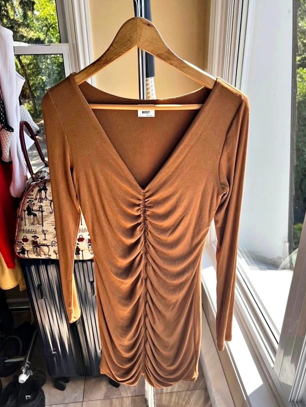 Sunday Best Ruched Mini Dress in Brown Like New